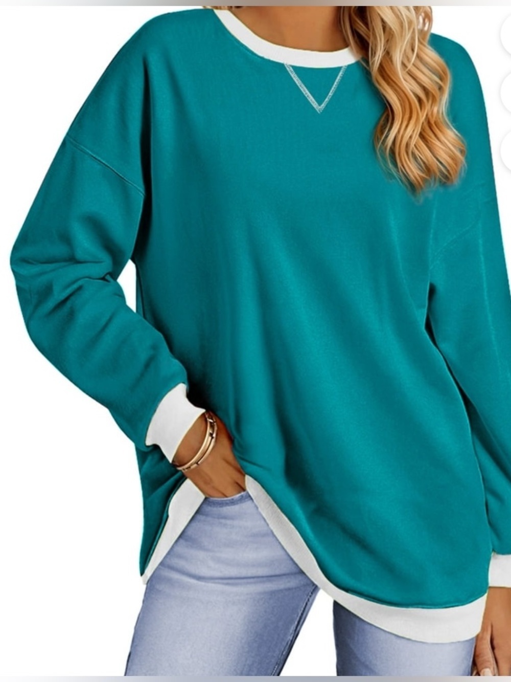 NWT-2XL Teal & White 
Long Sleeve  crewneck, soft, oversized
cotton Sweatshirt